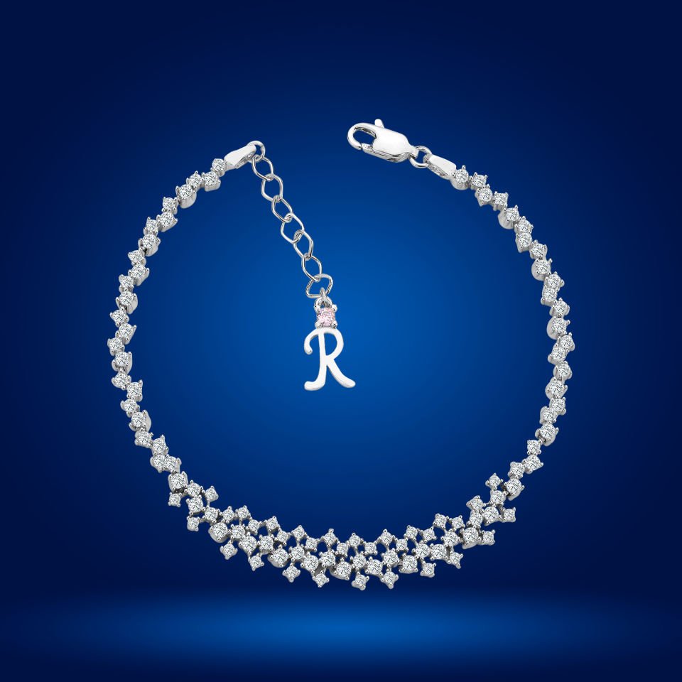 925 Ayar Gümüş Ful Pırlanta Taşlı Zincir Harfli Su Yolu Bileklik R