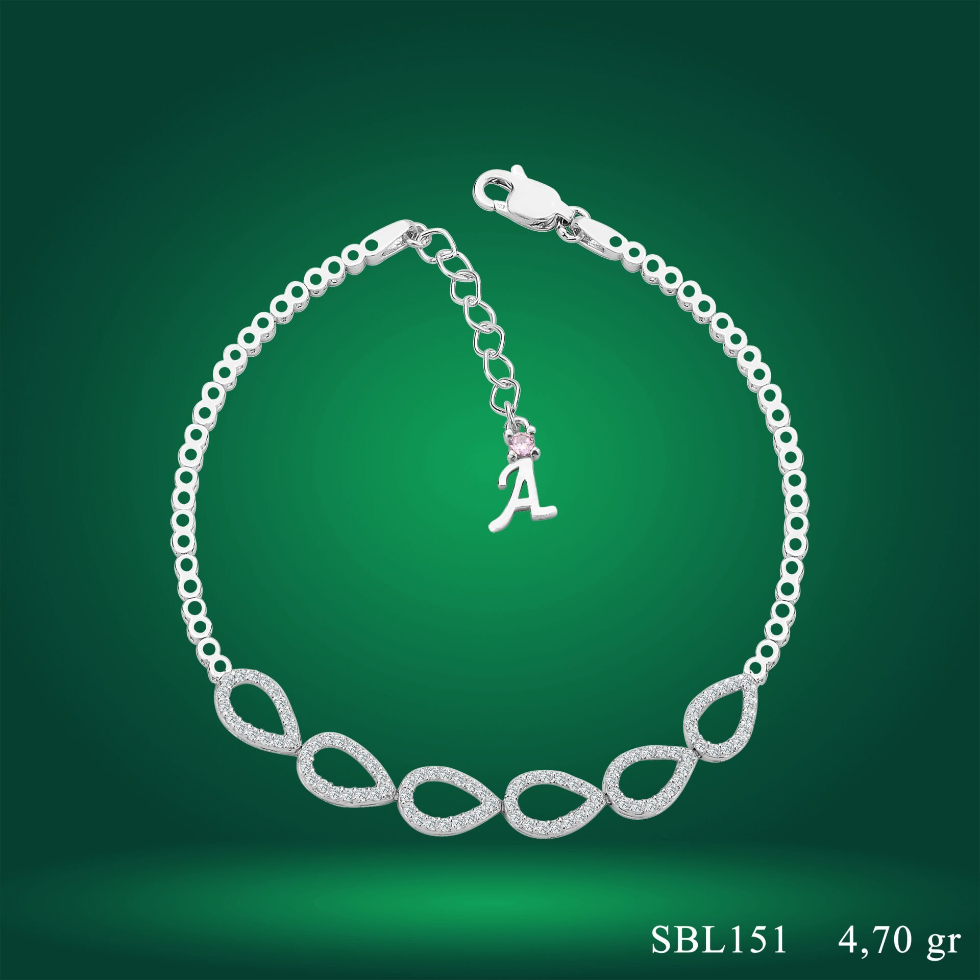 925 Ayar Gümüş Damla Model Zincir Harfli Su Yolu Bileklik