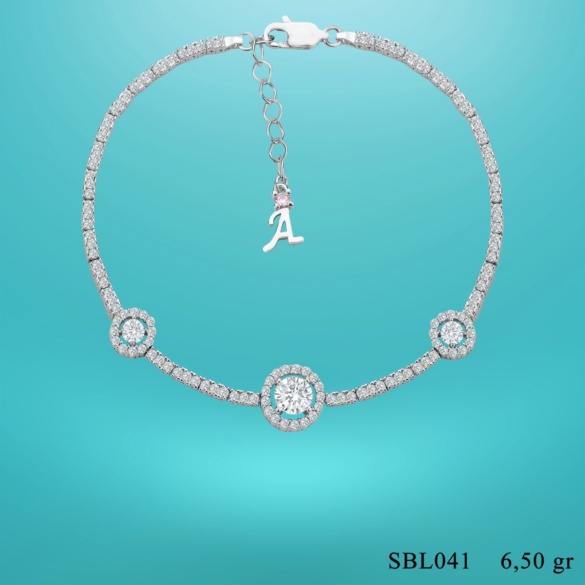 925 Ayar Gümüş Tek Taşlı Zincir Harfli Su Yolu Bileklik