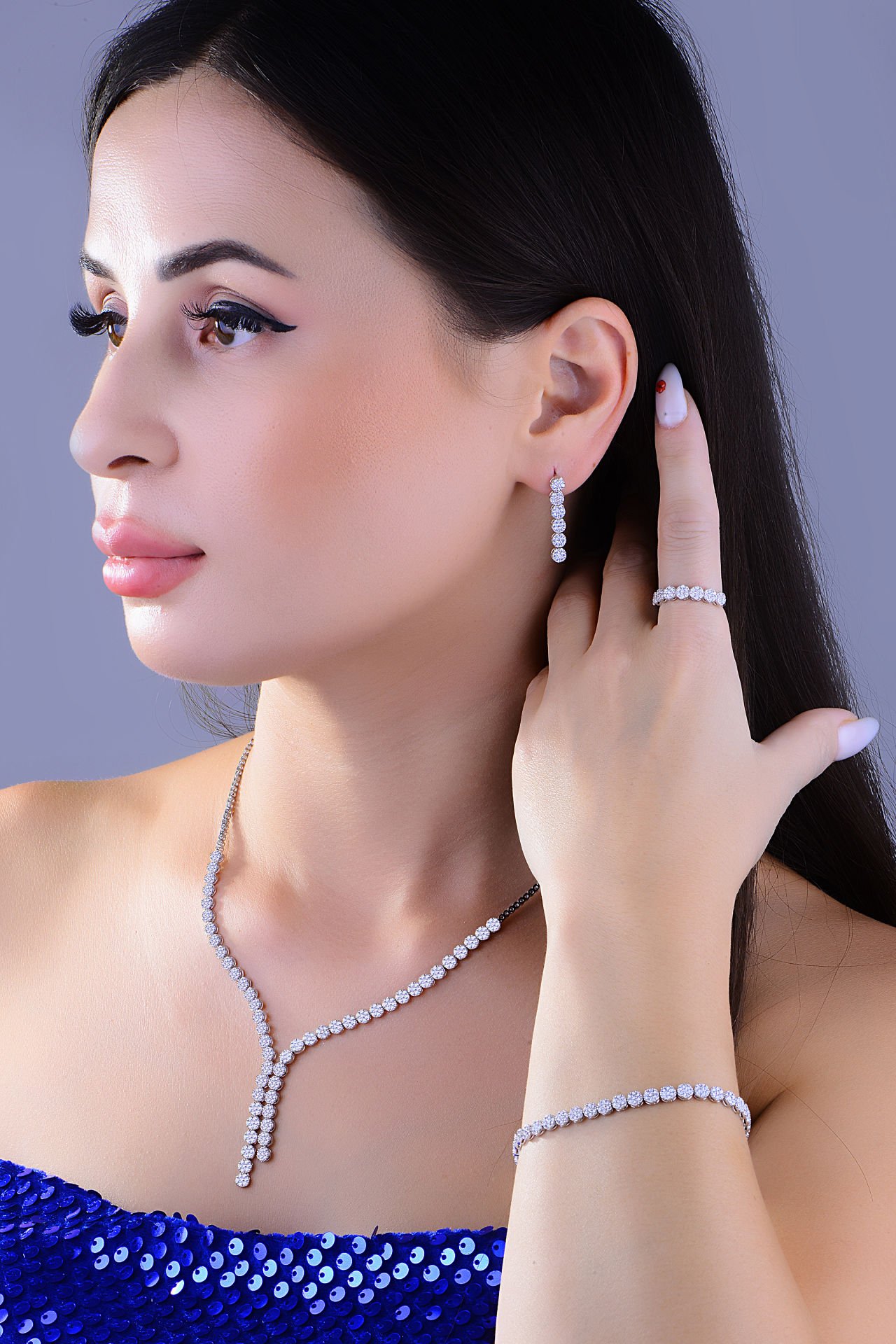 BARIŞ TAKI 925 Ayar Gümüş  Salkım Pırlanta Montör Su Yolu Set