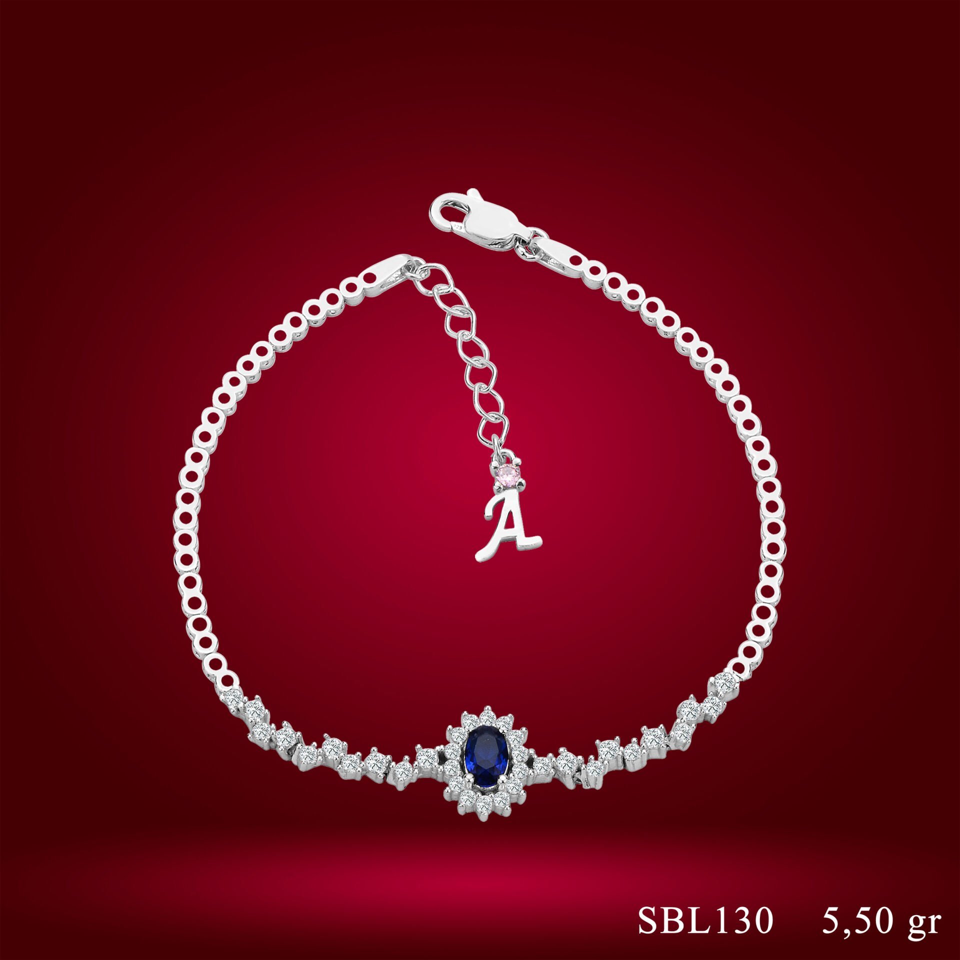 925 Ayar Gümüş Mavi Taşlı Çiçek Zincir Harfli Su Yolu Bileklik