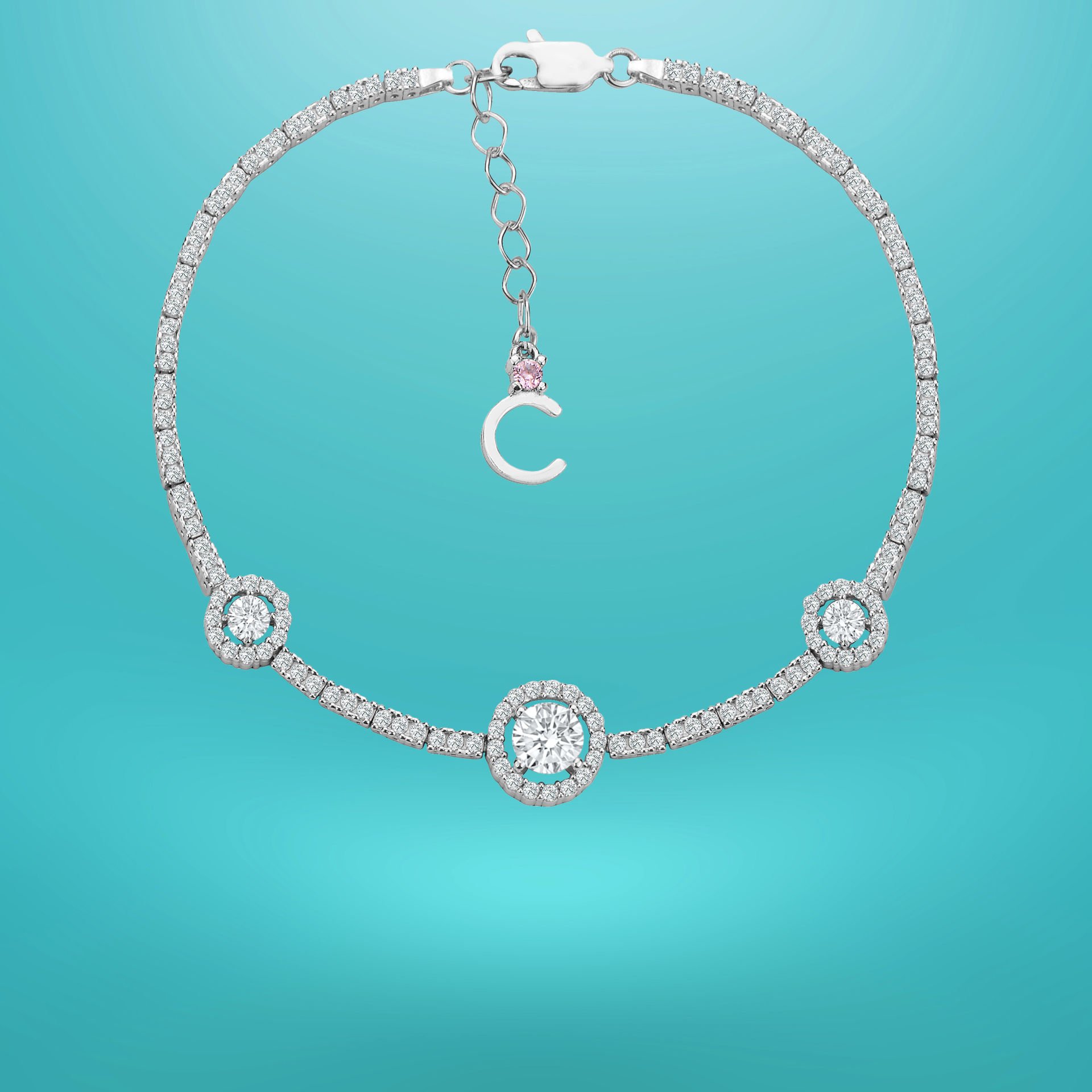 925 Ayar Gümüş Tek Taşlı Zincir Harfli Su Yolu Bileklik C