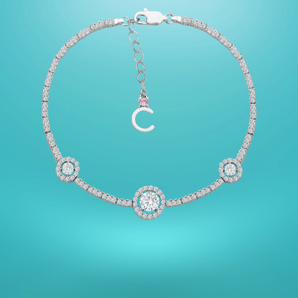 925 Ayar Gümüş Tek Taşlı Zincir Harfli Su Yolu Bileklik C