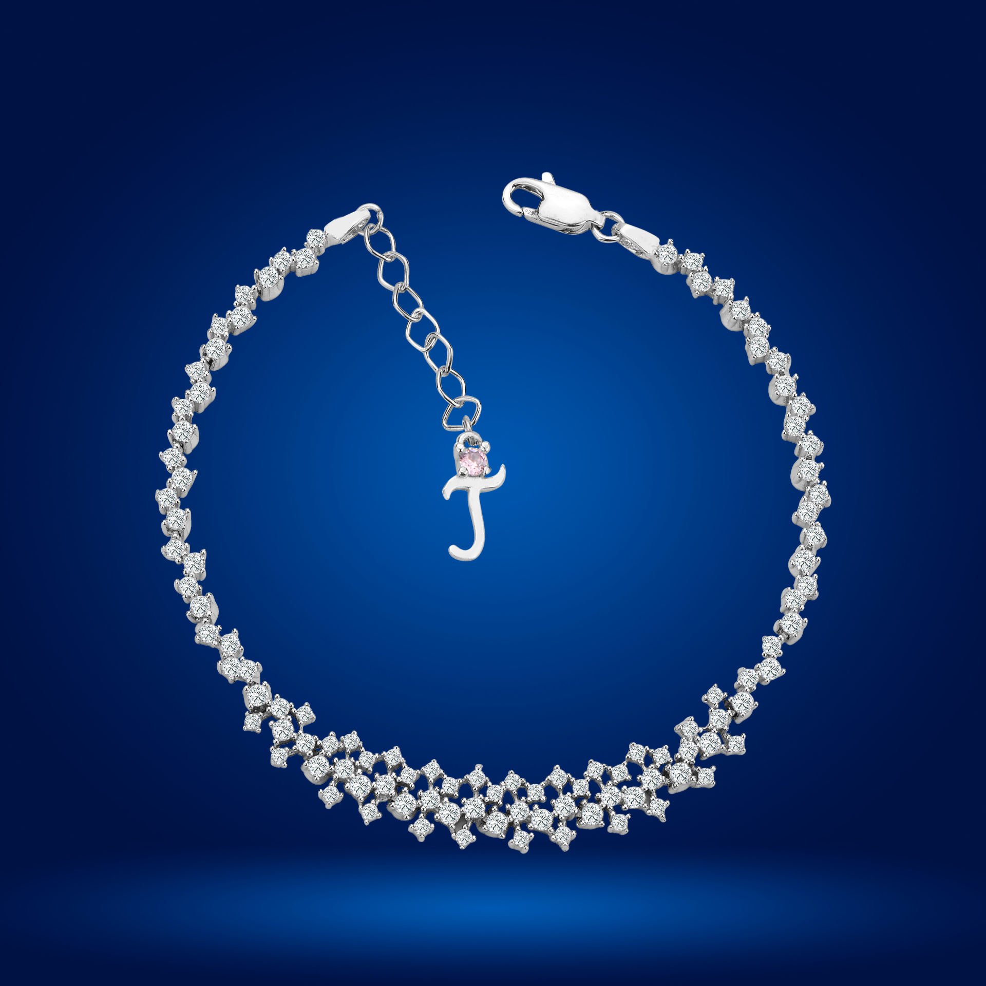 925 Ayar Gümüş Ful Pırlanta Taşlı Zincir Harfli Su Yolu Bileklik T