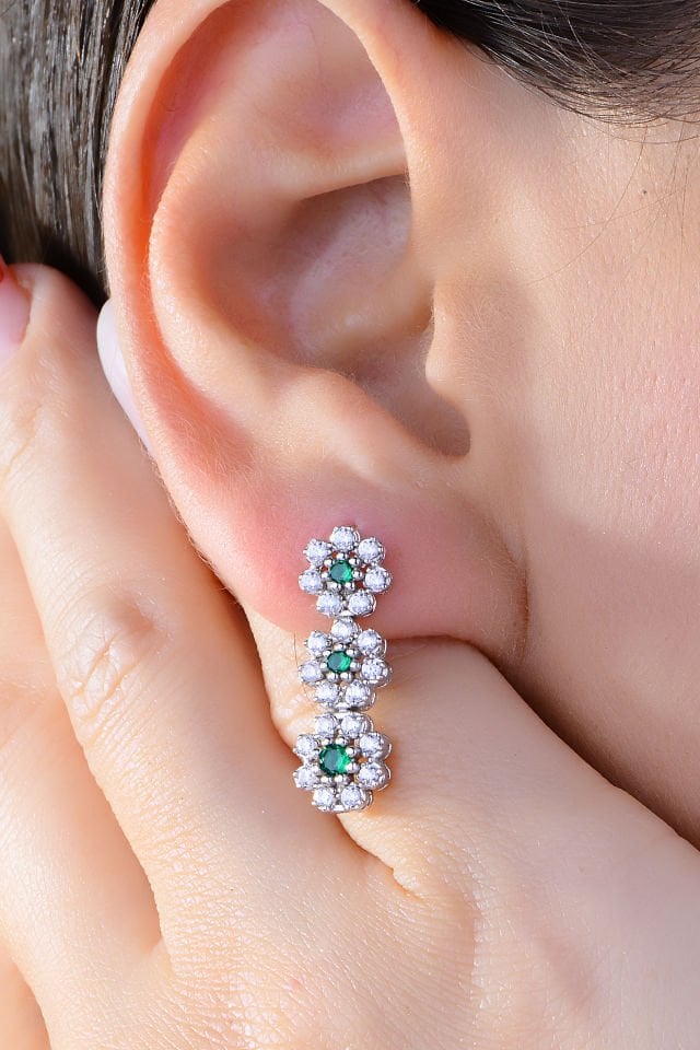 BARIŞ TAKI 925 Ayar Gümüş Yeşil Papatya Salkım Pırlanta Montör Su Yolu Set