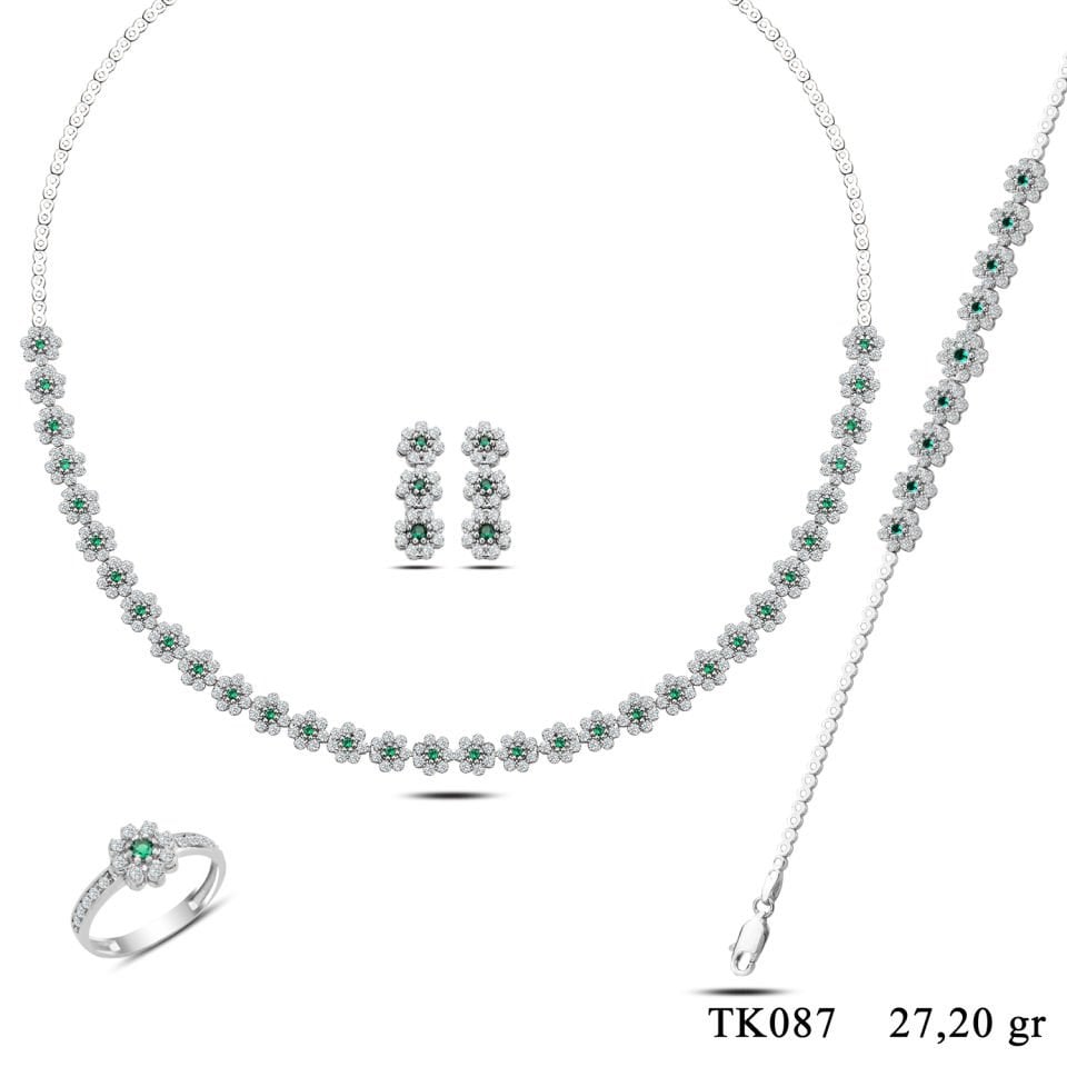 BARIŞ TAKI 925 Ayar Gümüş Yeşil Papatya Salkım Pırlanta Montör Su Yolu Set