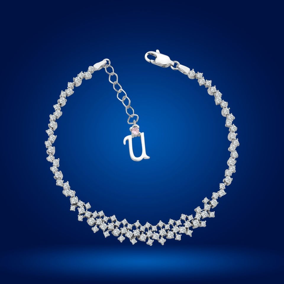 925 Ayar Gümüş Ful Pırlanta Taşlı Zincir Harfli Su Yolu Bileklik U