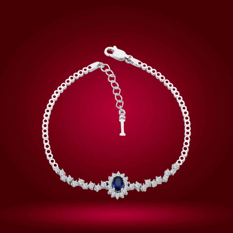 925 Ayar Gümüş Mavi Taşlı Çiçek Zincir Harfli Su Yolu Bileklik I