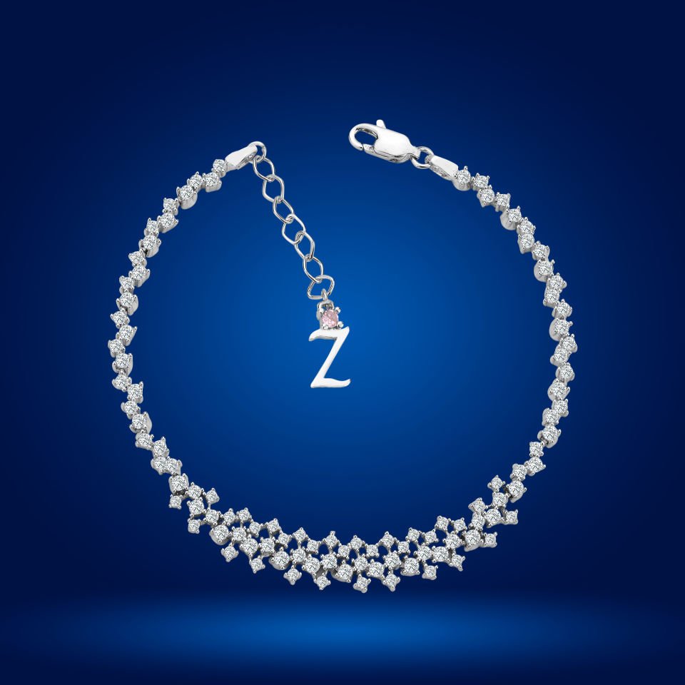 925 Ayar Gümüş Ful Pırlanta Taşlı Zincir Harfli Su Yolu Bileklik Z