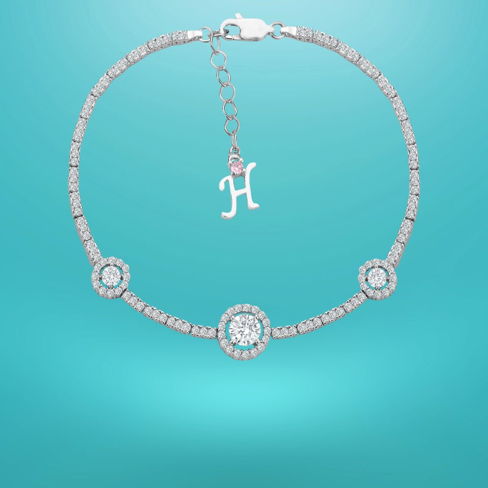 925 Ayar Gümüş Tek Taşlı Zincir Harfli Su Yolu Bileklik H