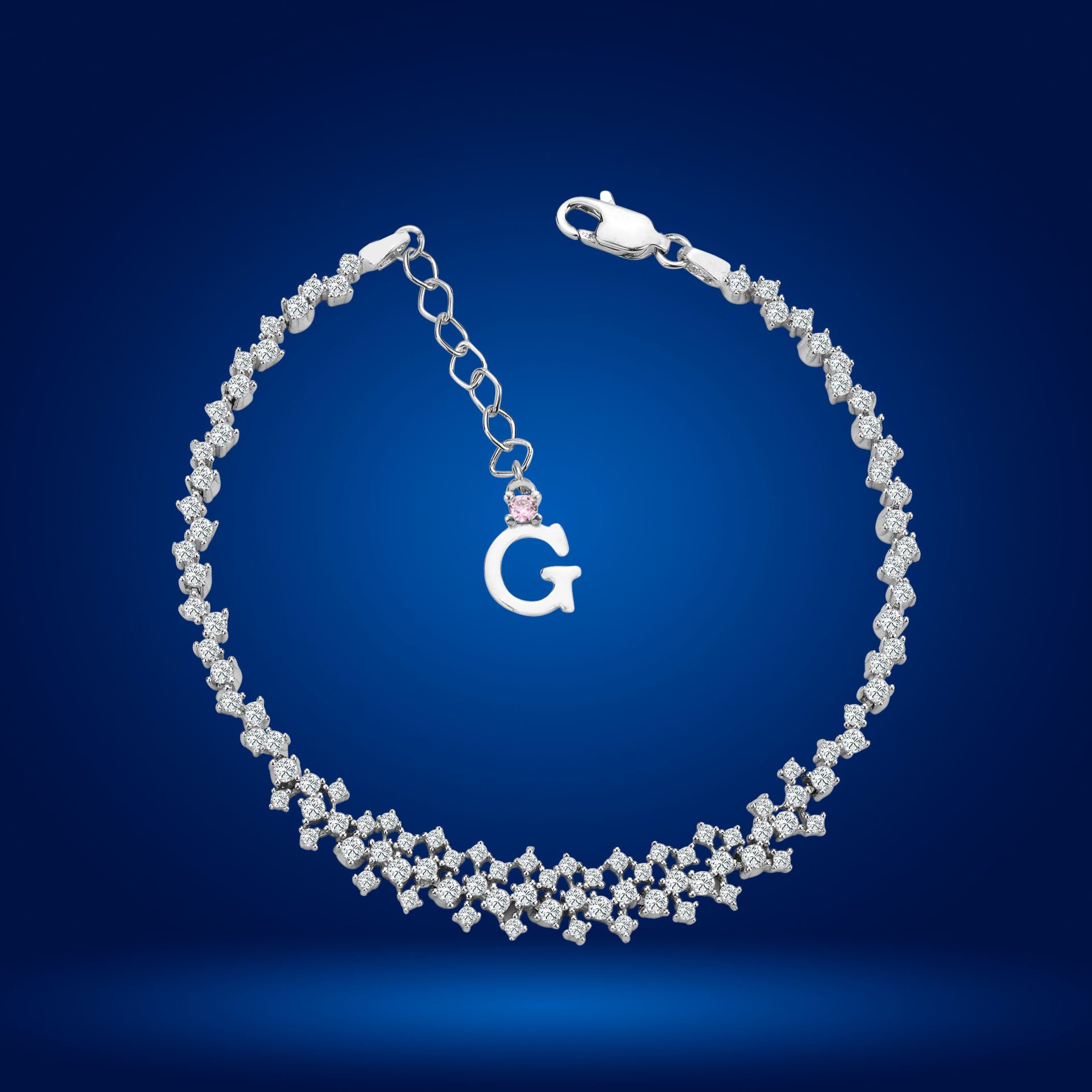 925 Ayar Gümüş Ful Pırlanta Taşlı Zincir Harfli Su Yolu Bileklik Ğ