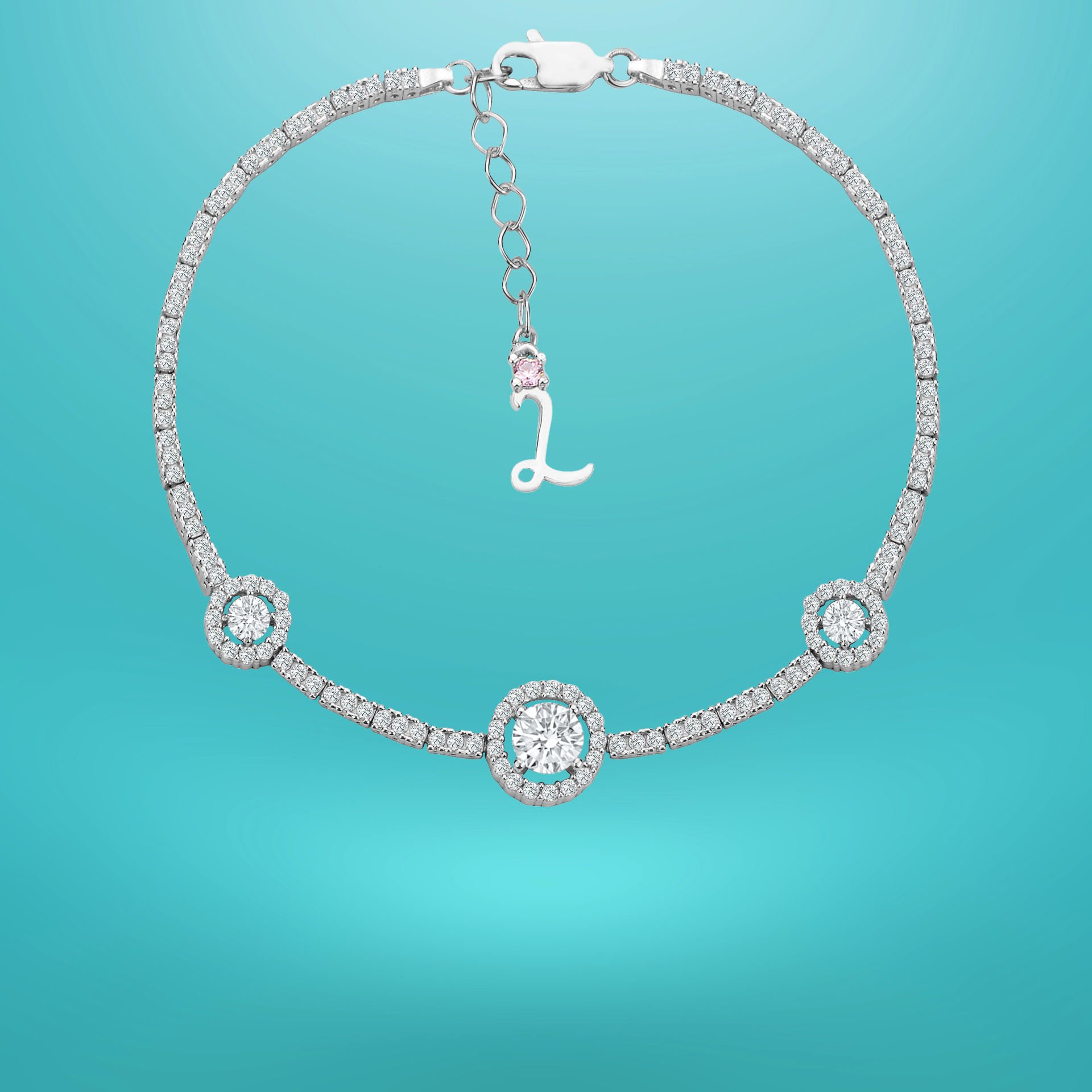 925 Ayar Gümüş Tek Taşlı Zincir Harfli Su Yolu Bileklik L