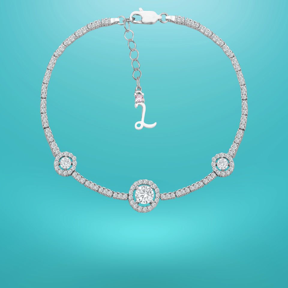 925 Ayar Gümüş Tek Taşlı Zincir Harfli Su Yolu Bileklik L