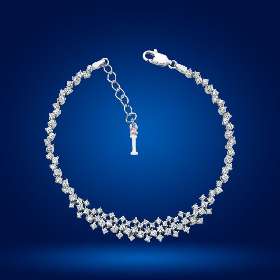 925 Ayar Gümüş Ful Pırlanta Taşlı Zincir Harfli Su Yolu Bileklik I