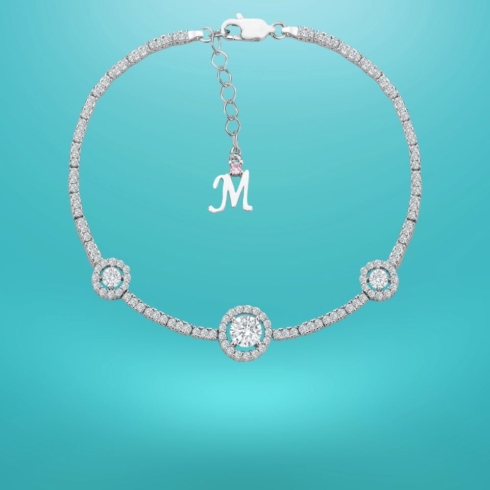 925 Ayar Gümüş Tek Taşlı Zincir Harfli Su Yolu Bileklik M