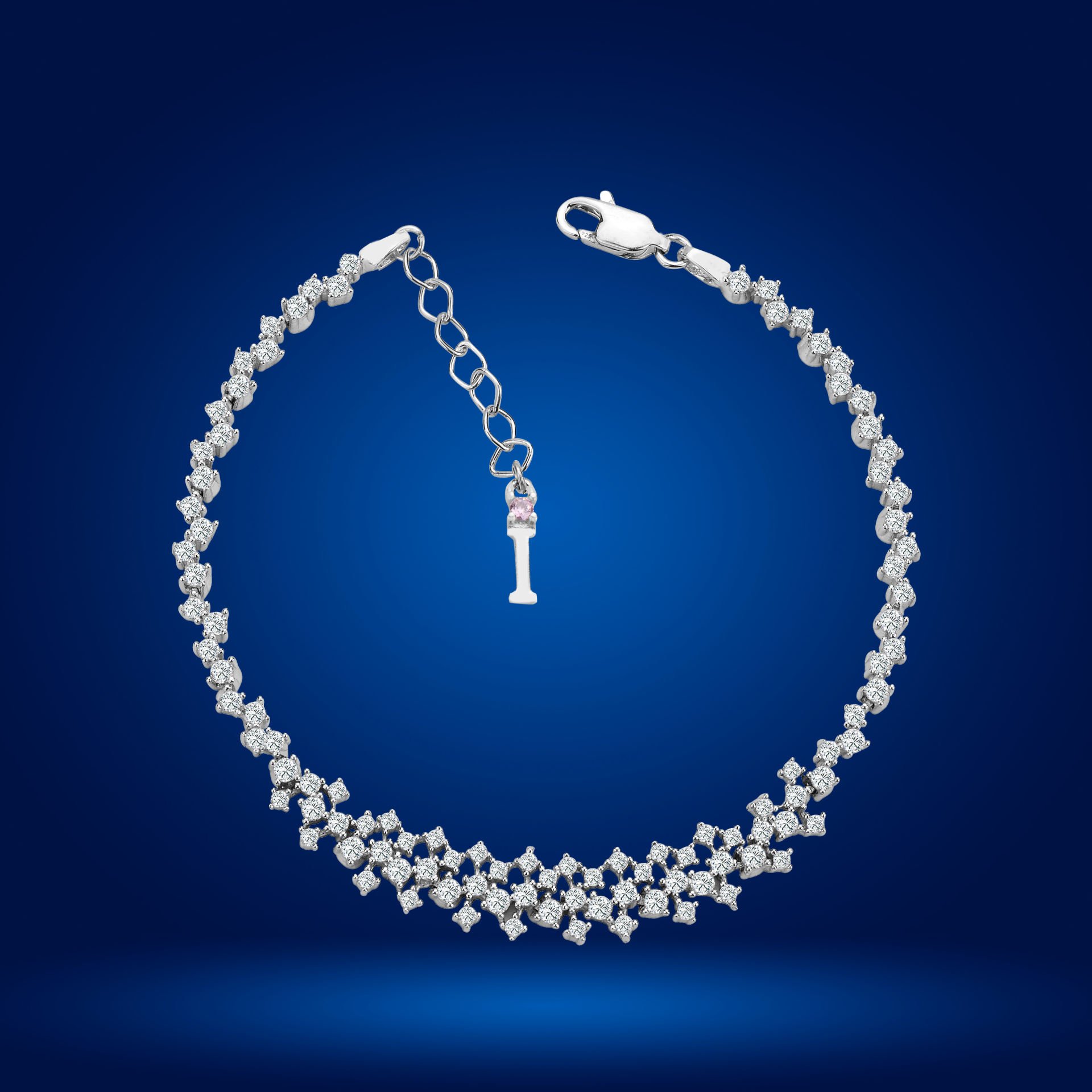 925 Ayar Gümüş Ful Pırlanta Taşlı Zincir Harfli Su Yolu Bileklik İ