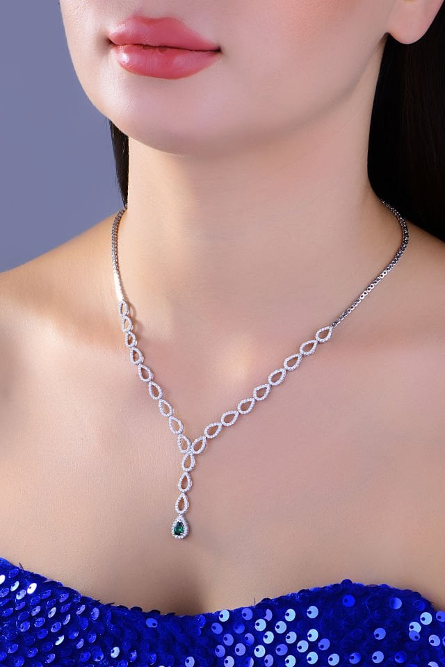 BARIŞ TAKI 925 Ayar Gümüş Yeşil Damla Tek Salkım Su Yolu Set