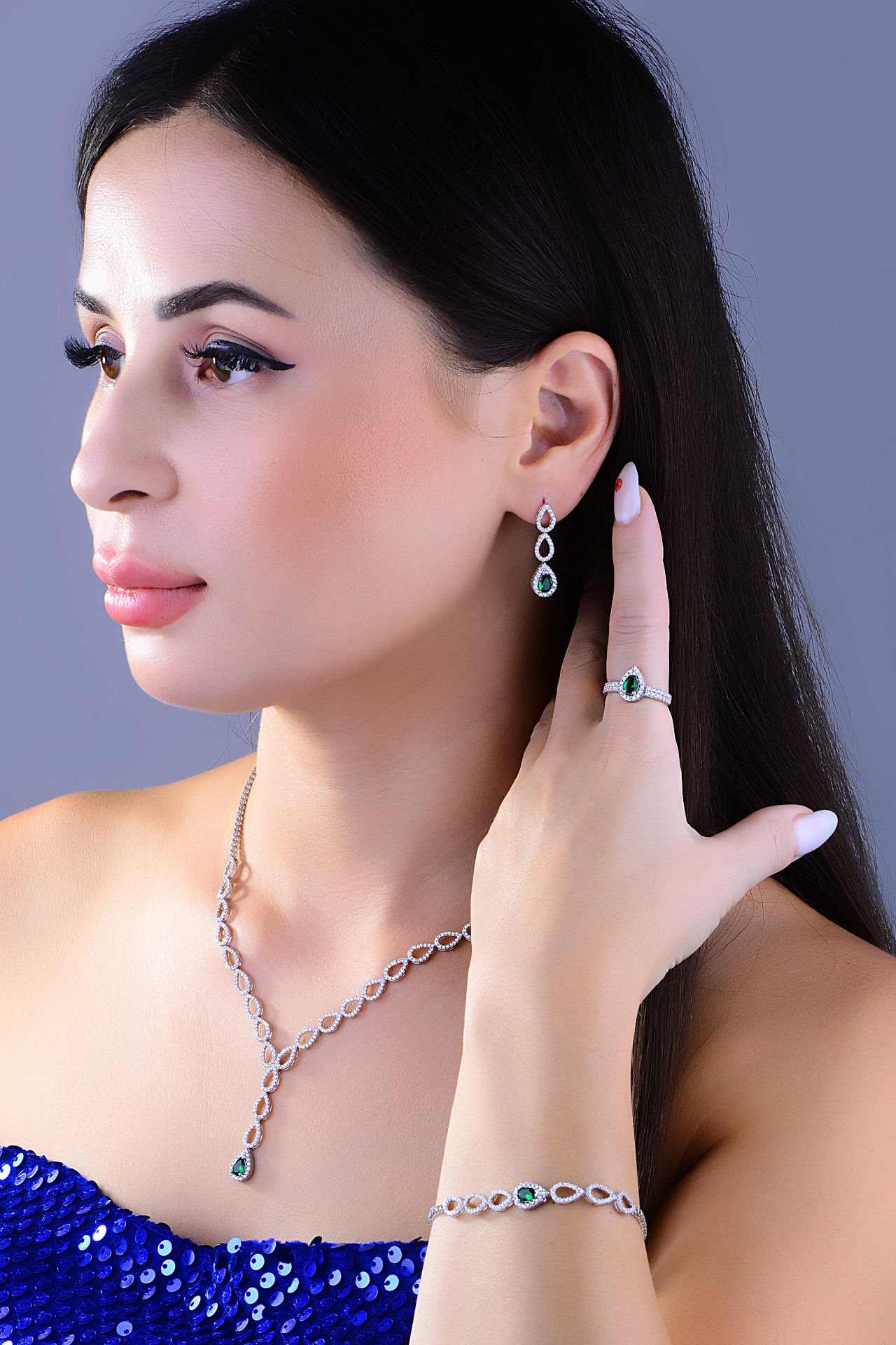 BARIŞ TAKI 925 Ayar Gümüş Yeşil Damla Tek Salkım Su Yolu Set