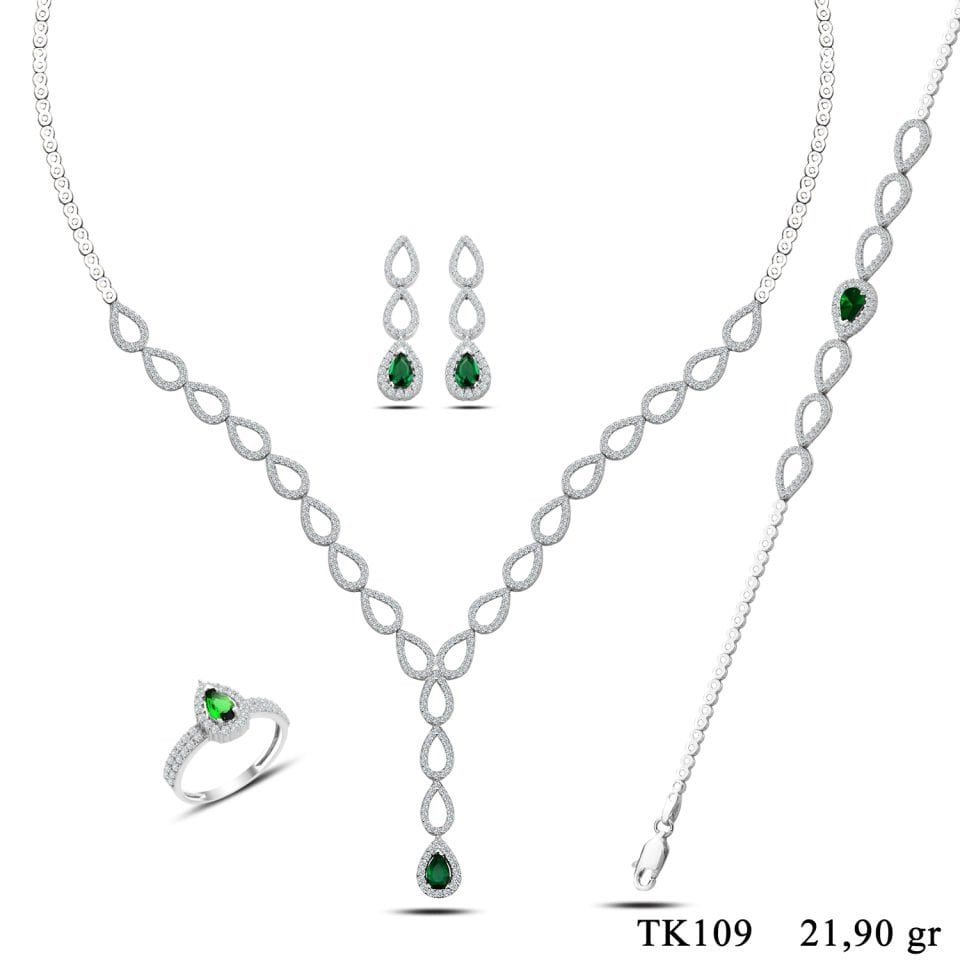 BARIŞ TAKI 925 Ayar Gümüş Yeşil Damla Tek Salkım Su Yolu Set