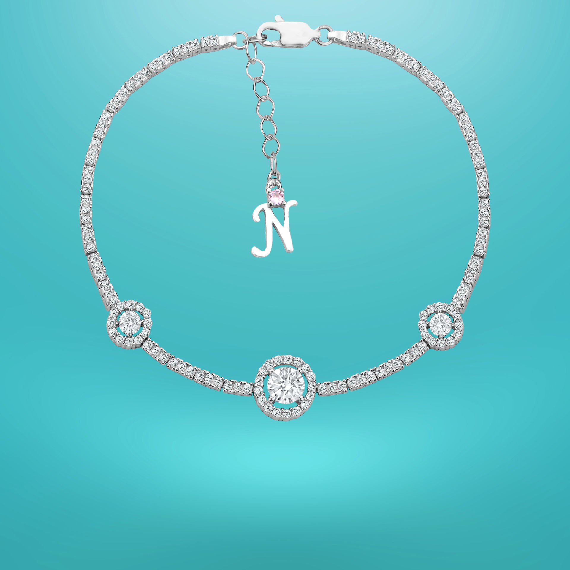 925 Ayar Gümüş Tek Taşlı Zincir Harfli Su Yolu Bileklik N