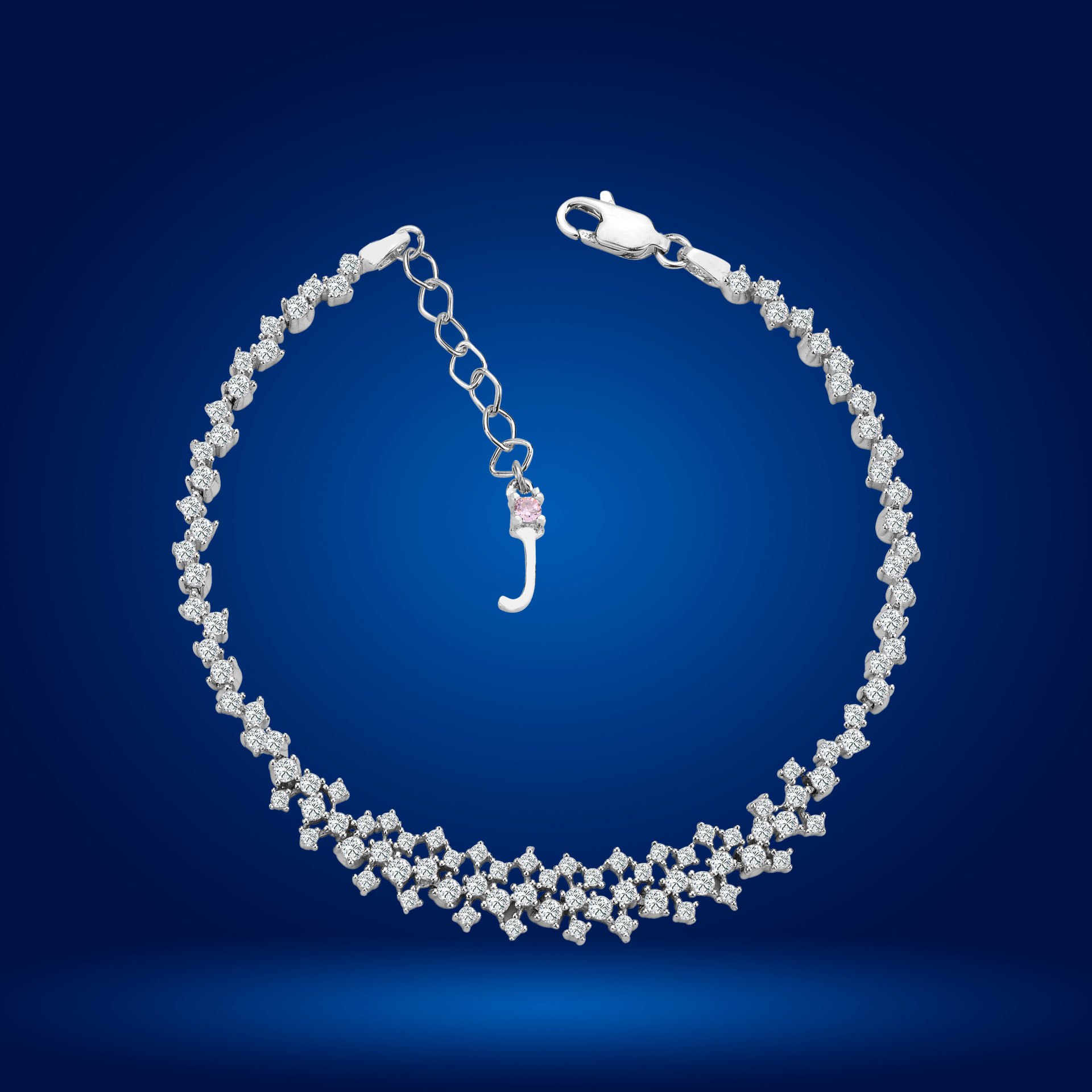 925 Ayar Gümüş Ful Pırlanta Taşlı Zincir Harfli Su Yolu Bileklik J