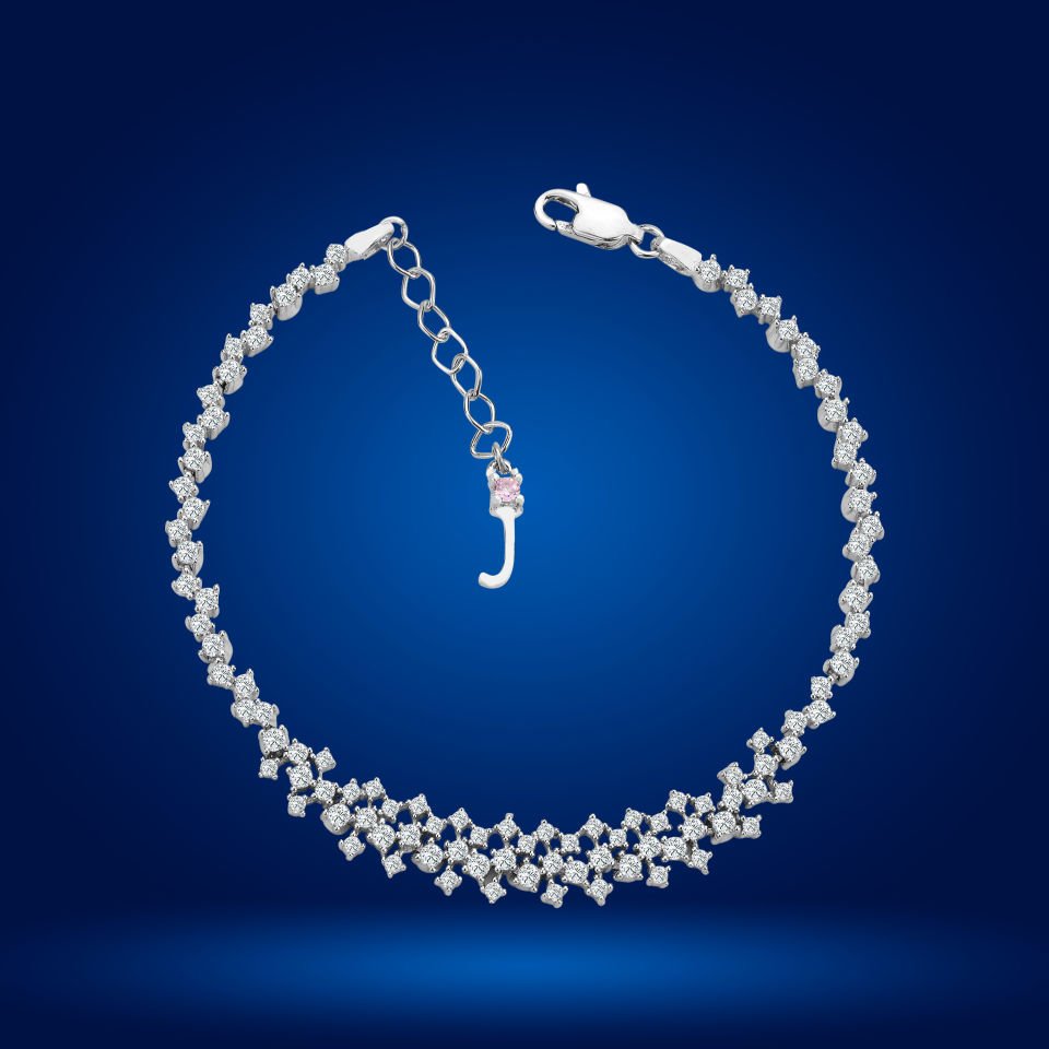 925 Ayar Gümüş Ful Pırlanta Taşlı Zincir Harfli Su Yolu Bileklik J