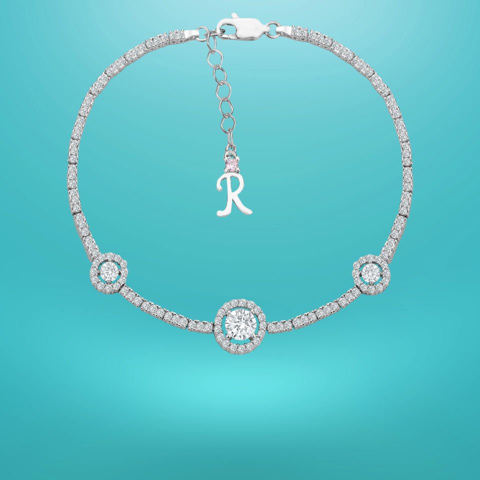 925 Ayar Gümüş Tek Taşlı Zincir Harfli Su Yolu Bileklik R