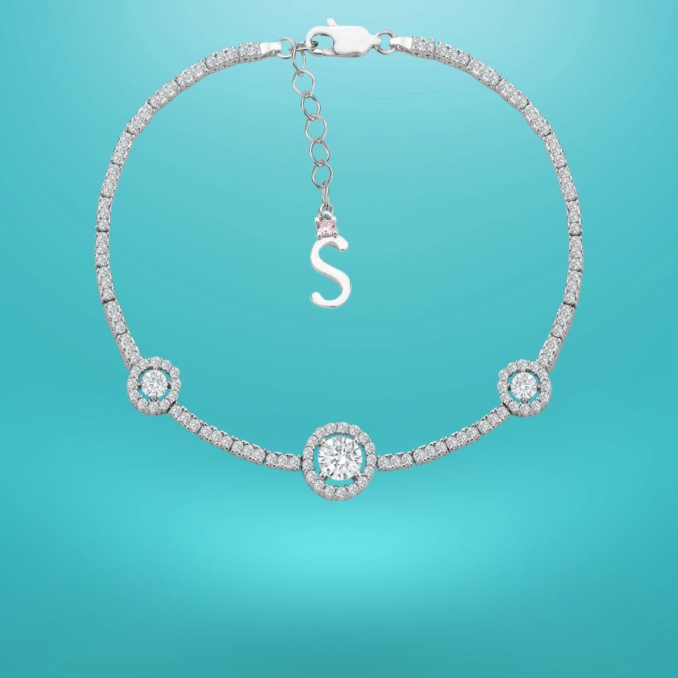 925 Ayar Gümüş Tek Taşlı Zincir Harfli Su Yolu Bileklik S