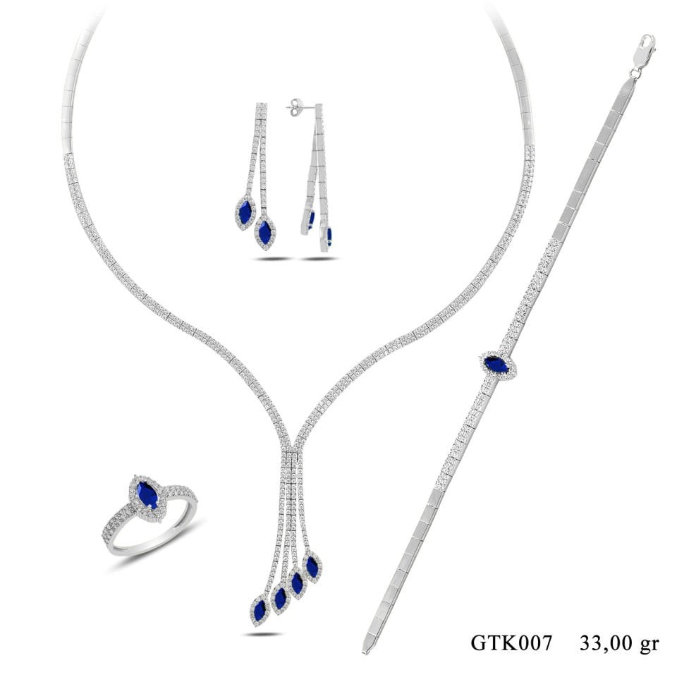 BARIŞ TAKI 925 Ayar Gümüş 2 Sıra Salkım Mekik Mavi Taşlı Su Yolu Set
