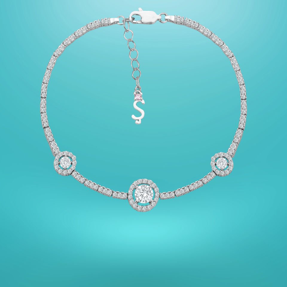 925 Ayar Gümüş Tek Taşlı Zincir Harfli Su Yolu Bileklik Ş