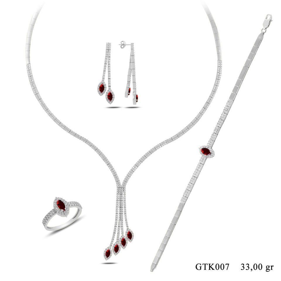 BARIŞ TAKI 925 Ayar Gümüş 2 Sıra Salkım Mekik Kırmızı Taşlı Su Yolu Set