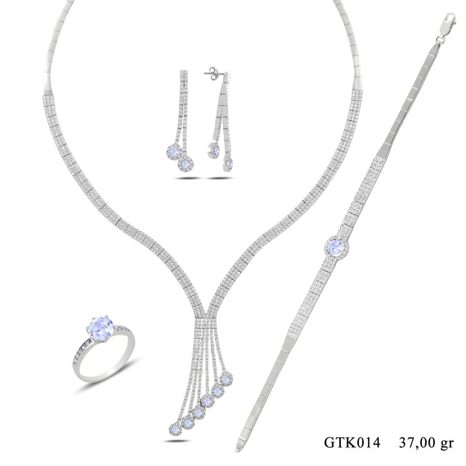 BARIŞ TAKI 925 Ayar Gümüş 3 Sıra Salkım Tek Taş Su Yolu Set