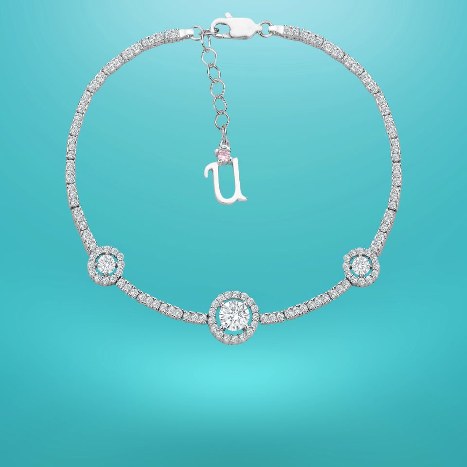 925 Ayar Gümüş Tek Taşlı Zincir Harfli Su Yolu Bileklik U