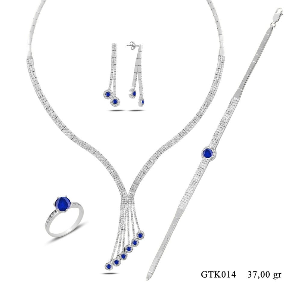 BARIŞ TAKI 925 Ayar Gümüş 3 Sıra Salkım Mavi Tek Taş Su Yolu Set