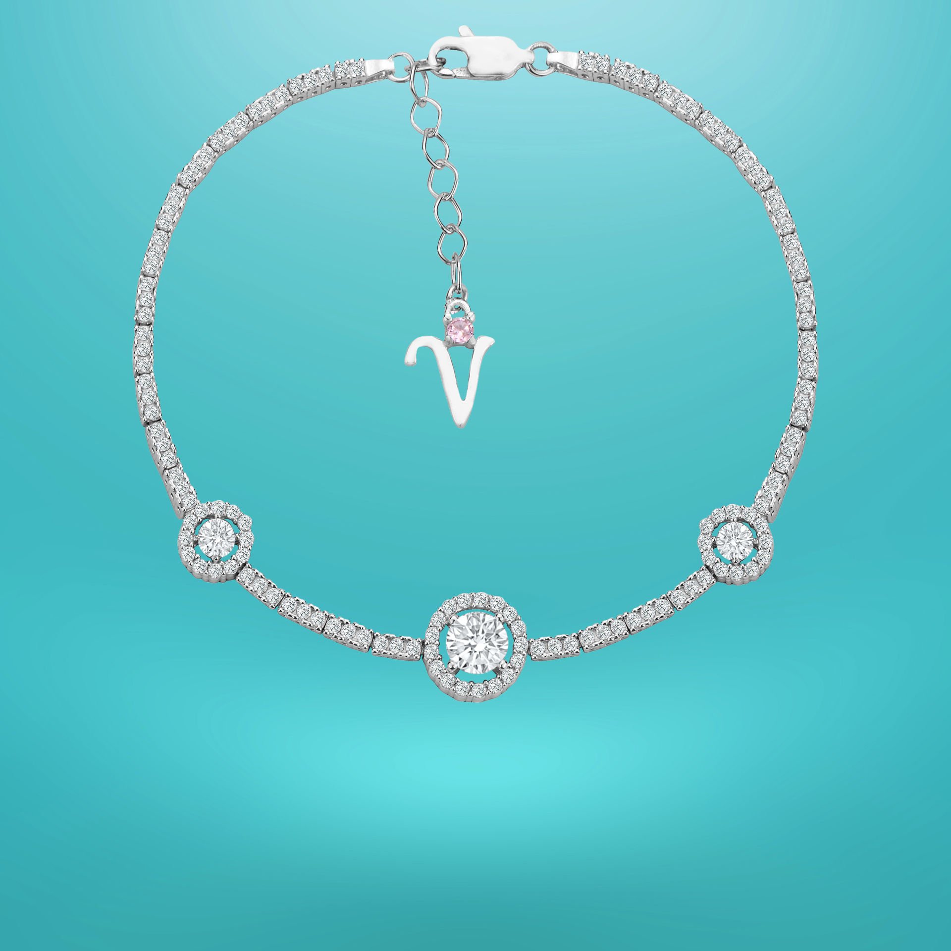 925 Ayar Gümüş Tek Taşlı Zincir Harfli Su Yolu Bileklik V