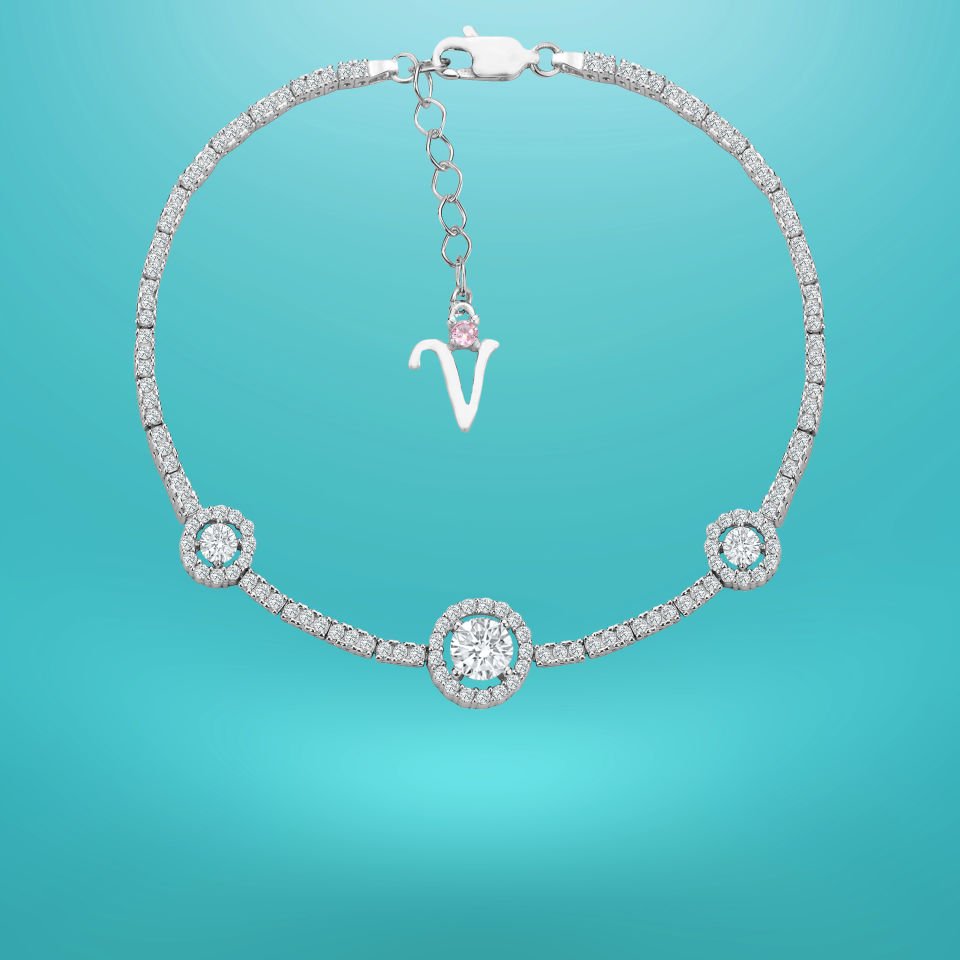 925 Ayar Gümüş Tek Taşlı Zincir Harfli Su Yolu Bileklik V