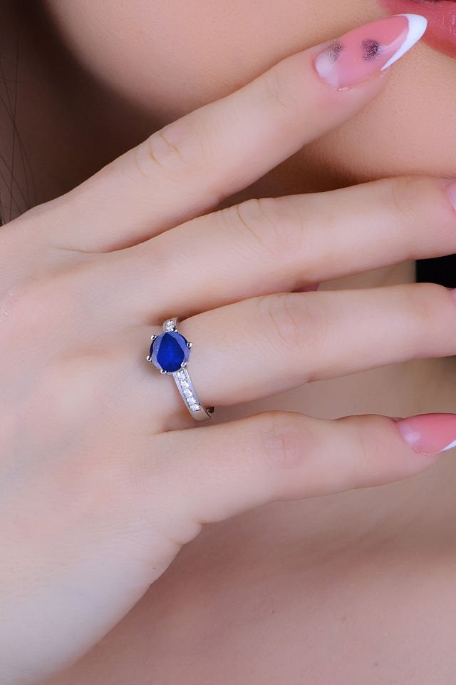 BARIŞ TAKI 925 Ayar Gümüş 3 Sıra Salkım Mavi Tek Taş Su Yolu Set