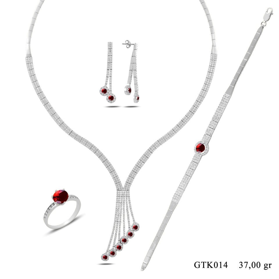 BARIŞ TAKI 925 Ayar Gümüş 3 Sıra Salkım Kırmızı Tek Taş Su Yolu Set