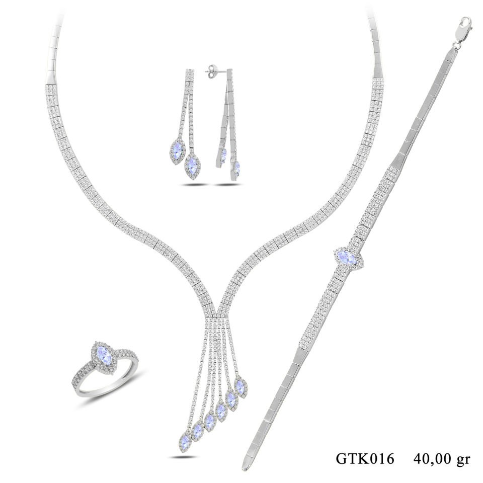 BARIŞ TAKI 925 Ayar Gümüş 3 Sıra Salkım Mekik Taşlı Su Yolu Set