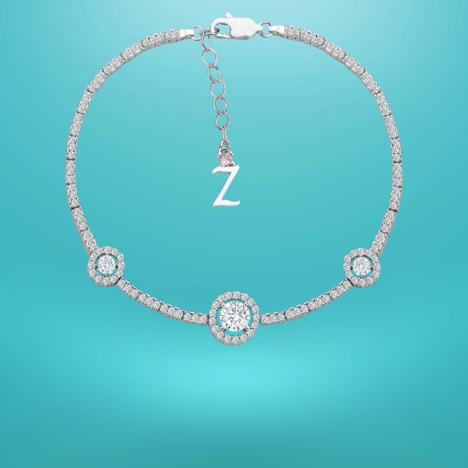 925 Ayar Gümüş Tek Taşlı Zincir Harfli Su Yolu Bileklik Z