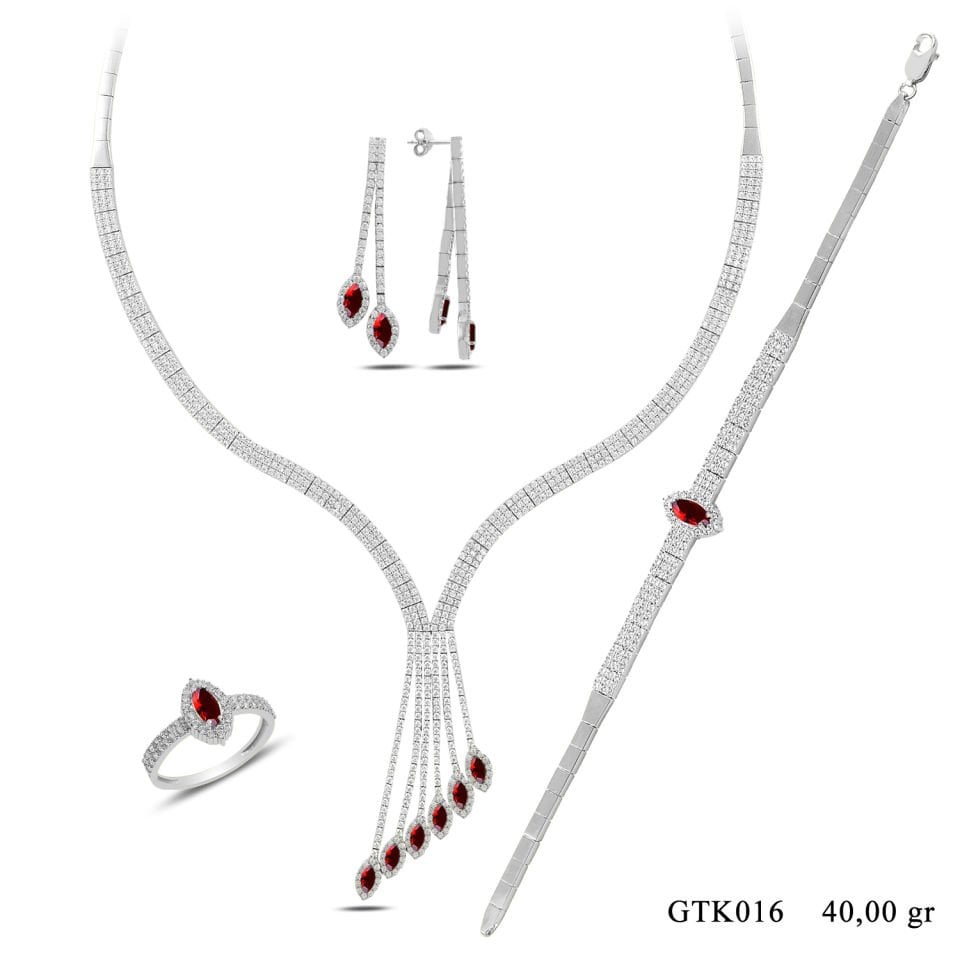 BARIŞ TAKI 925 Ayar Gümüş 3 Sıra Salkım Mekik Taşlı Su Yolu Set