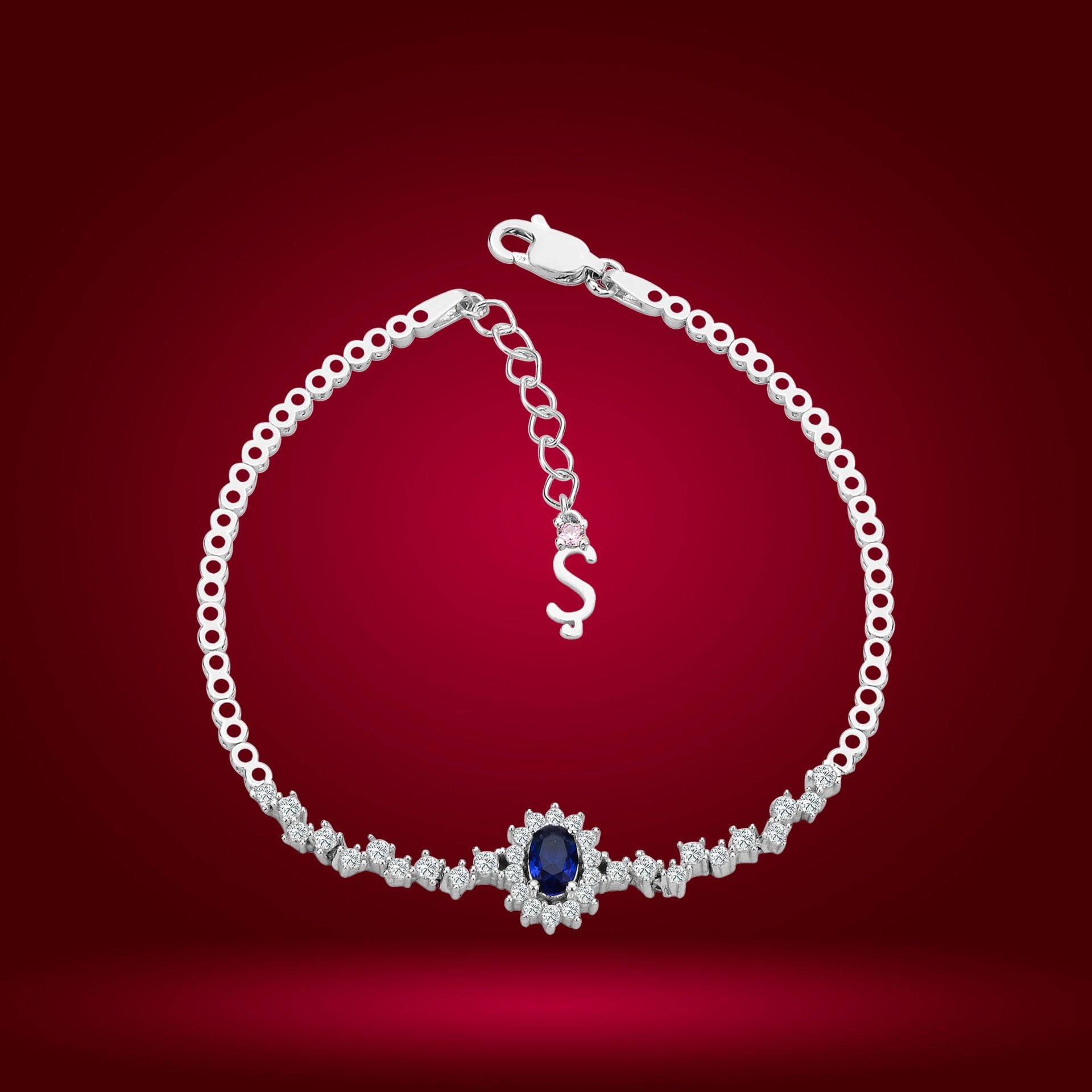 925 Ayar Gümüş Mavi Taşlı Çiçek Zincir Harfli Su Yolu Bileklik Ş