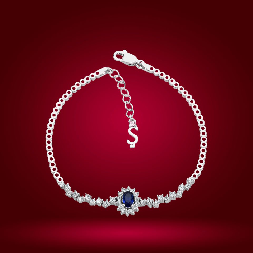 925 Ayar Gümüş Mavi Taşlı Çiçek Zincir Harfli Su Yolu Bileklik Ş