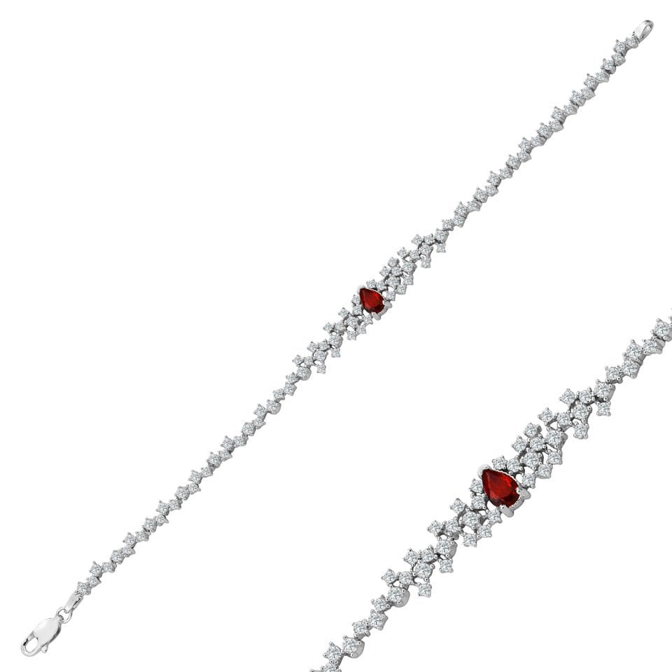 925 Ayar Gümüş Pırlanta Kırmızı Damla Taşlı Harfli Su Yolu Bileklik