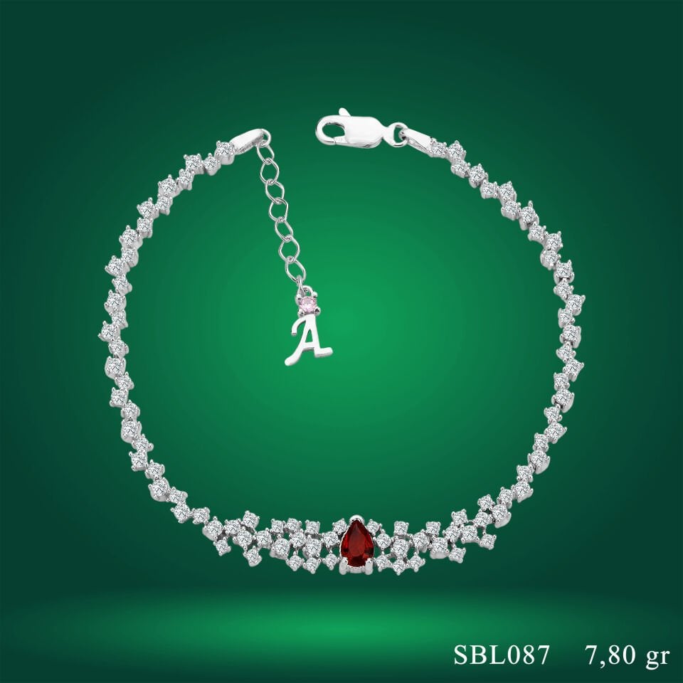 925 Ayar Gümüş Pırlanta Kırmızı Damla Taşlı Harfli Su Yolu Bileklik