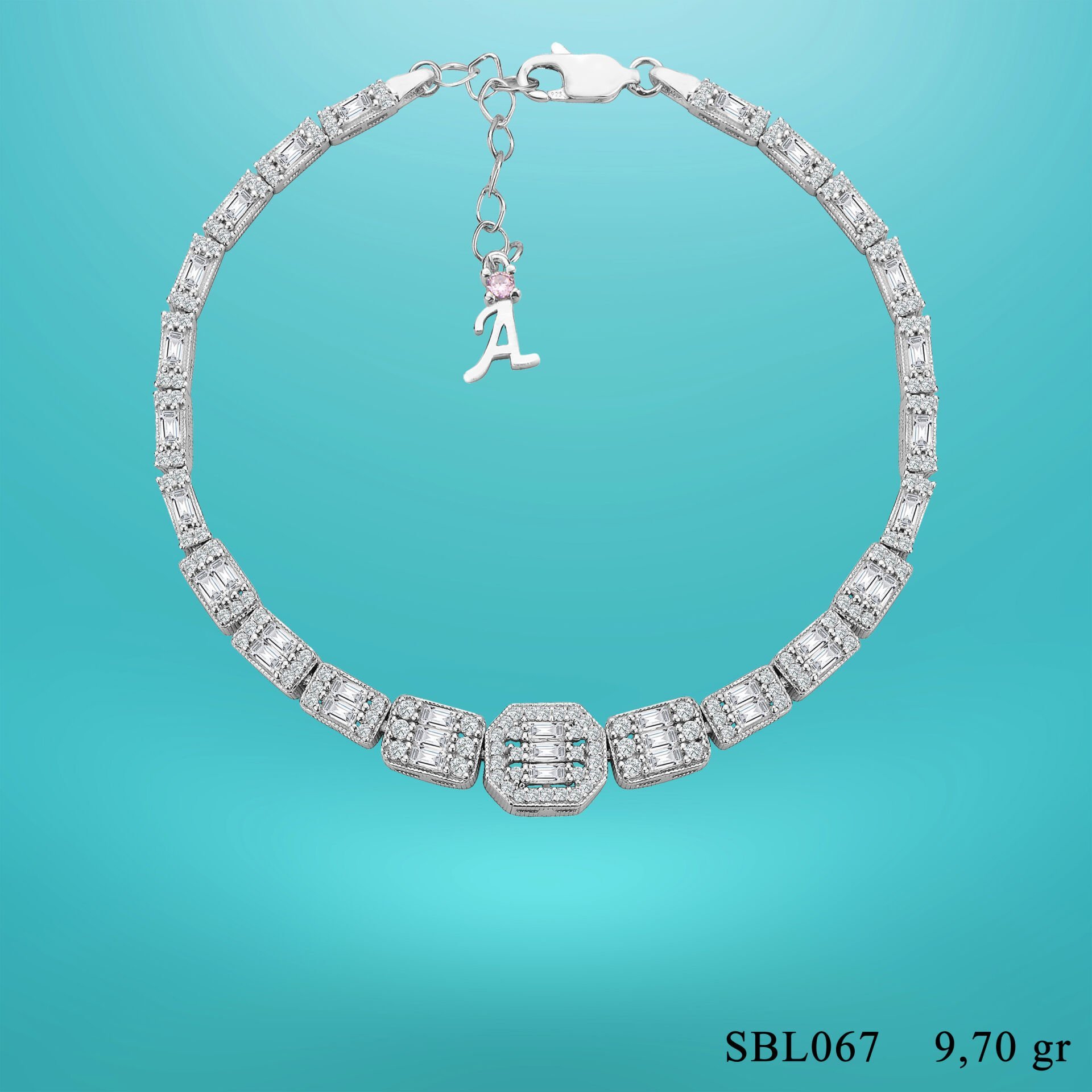 925 Ayar Gümüş Ful Baget Taşlı Zincir Harfli Su Yolu Bileklik