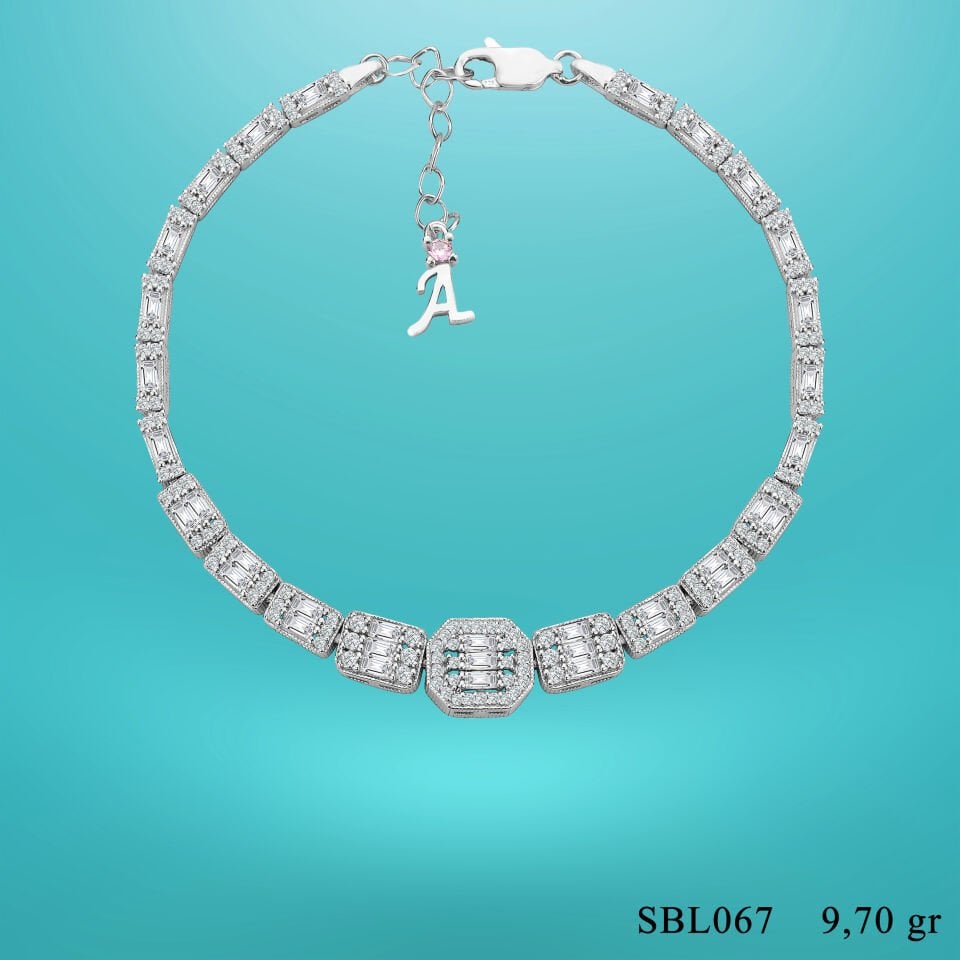 925 Ayar Gümüş Ful Baget Taşlı Zincir Harfli Su Yolu Bileklik