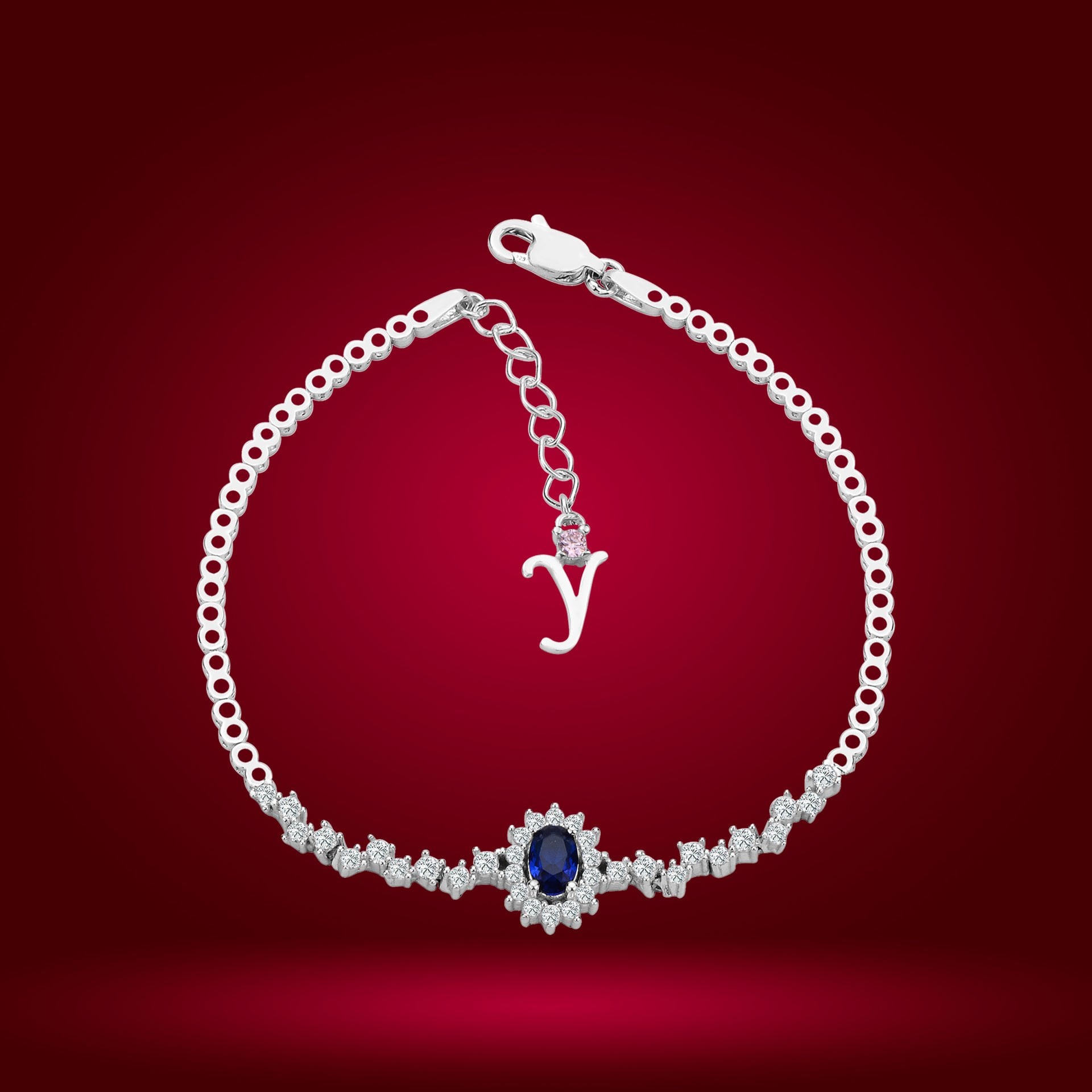 925 Ayar Gümüş Mavi Taşlı Çiçek Zincir Harfli Su Yolu Bileklik Y