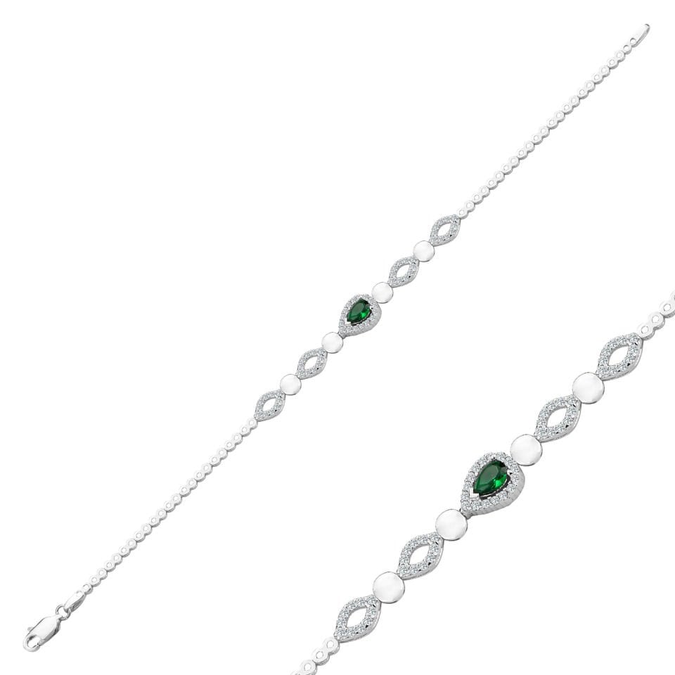 925 Ayar Gümüş Yeşil Damla Model Zincir Harfli Su Yolu Bileklik