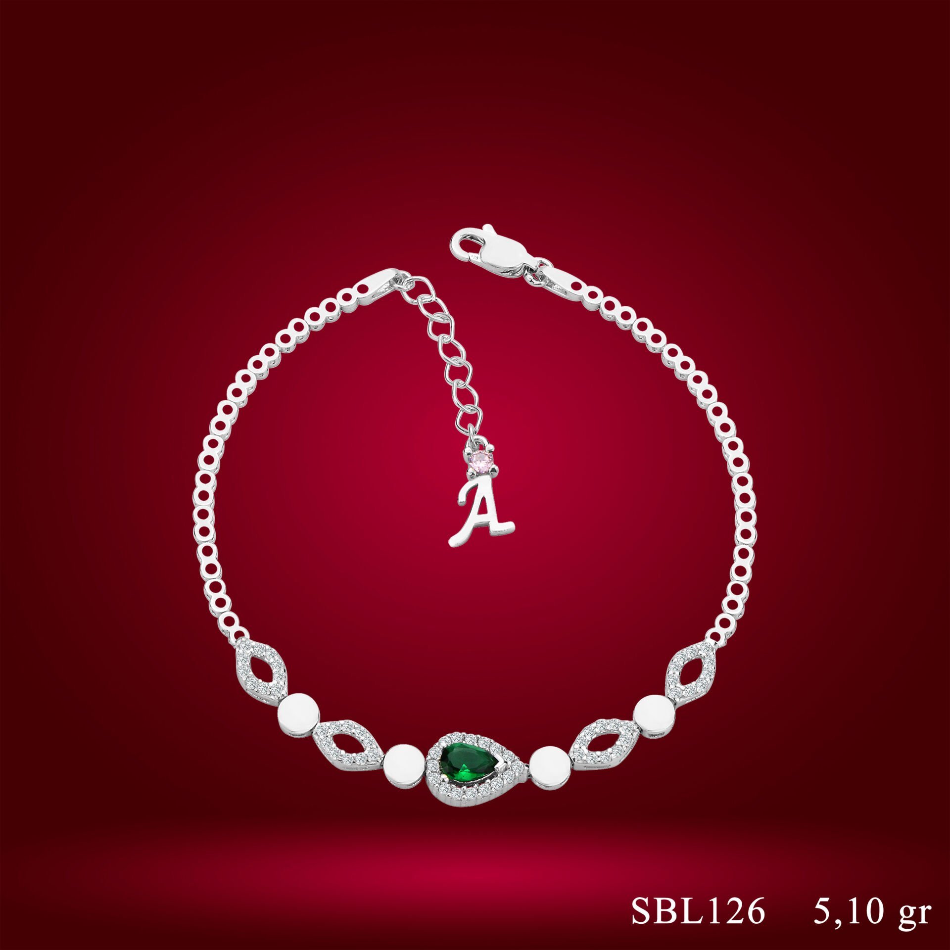 925 Ayar Gümüş Yeşil Damla Model Zincir Harfli Su Yolu Bileklik